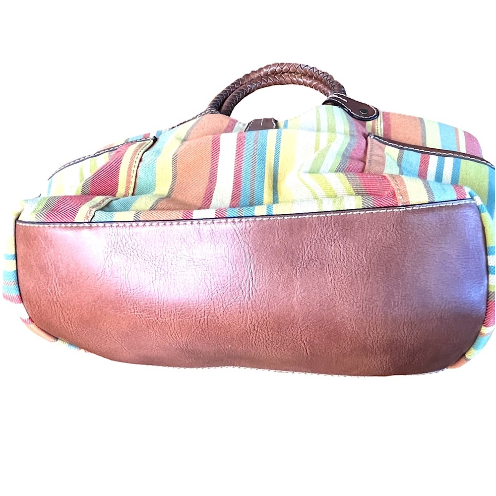 Fossil Vintage Striped Canvas Satchel Braided Leather Circle Handles Boho Bag - Picture 6 of 10